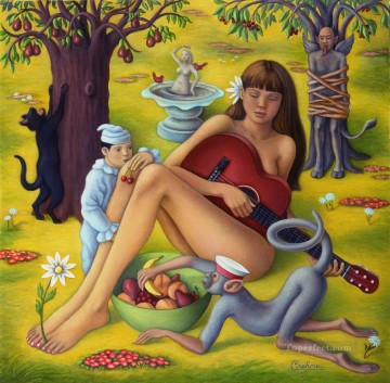  playing Painting - girl playing guitar with monkey Fantasy
